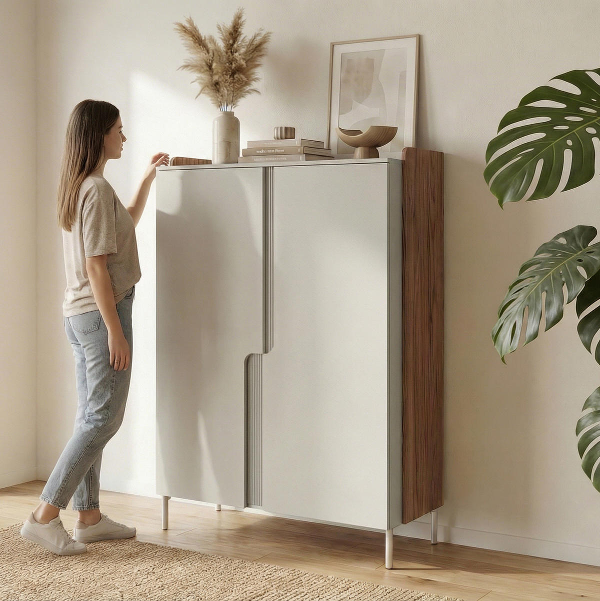 KOMMODE Positivo mit 2 Türen und 6 Einlegeböden, 103 cm, Alba-Nuss + Kaschmir - Nussbaumfarben, Holzwerkstoff (103/160/42cm) - Beautysofa