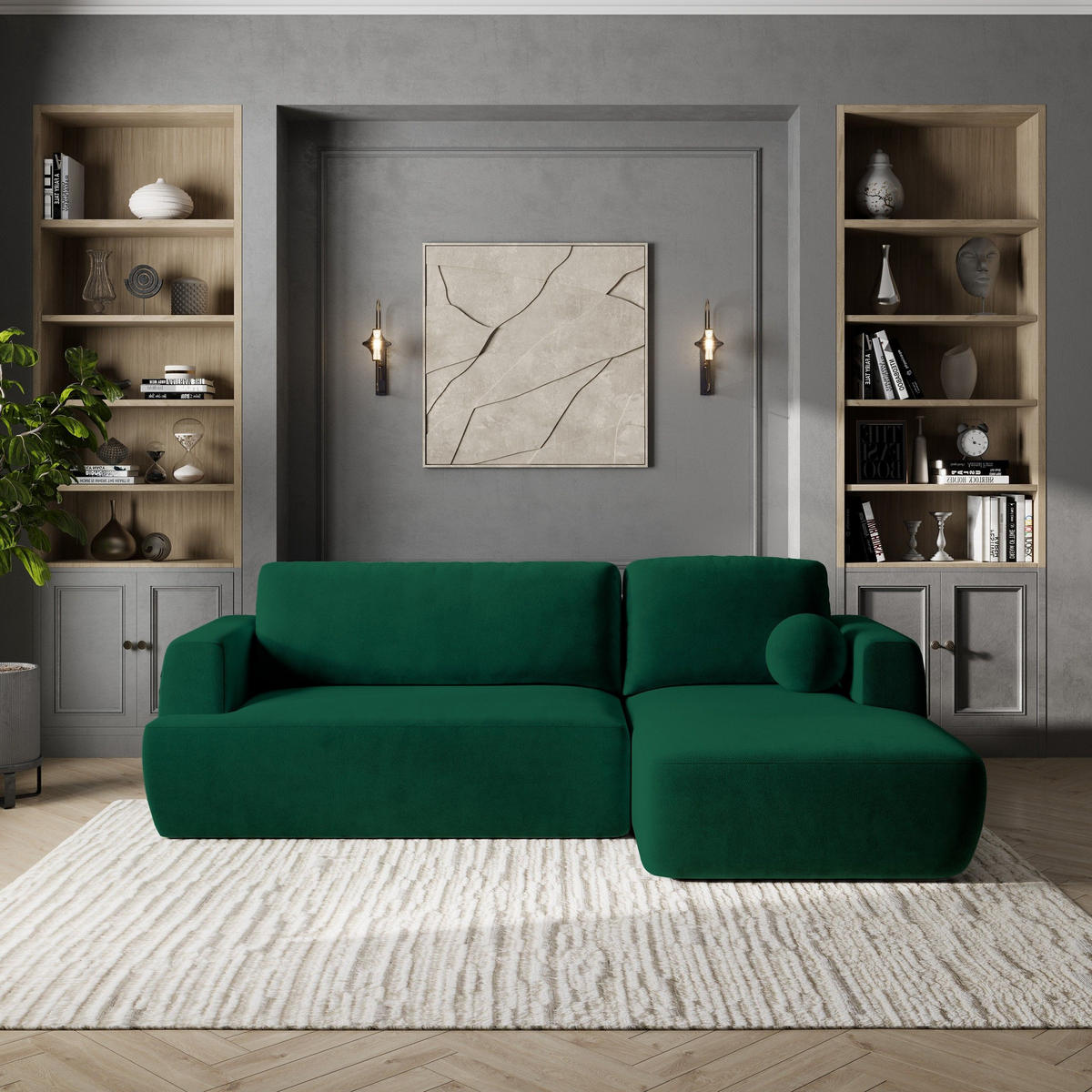 ECKSOFA SENTI K R-S Grün Plüsch-Stoff mit Schlaffunktion - Schwarz/Grün, Holz/Kunststoff (246/148cm) - MASSENO