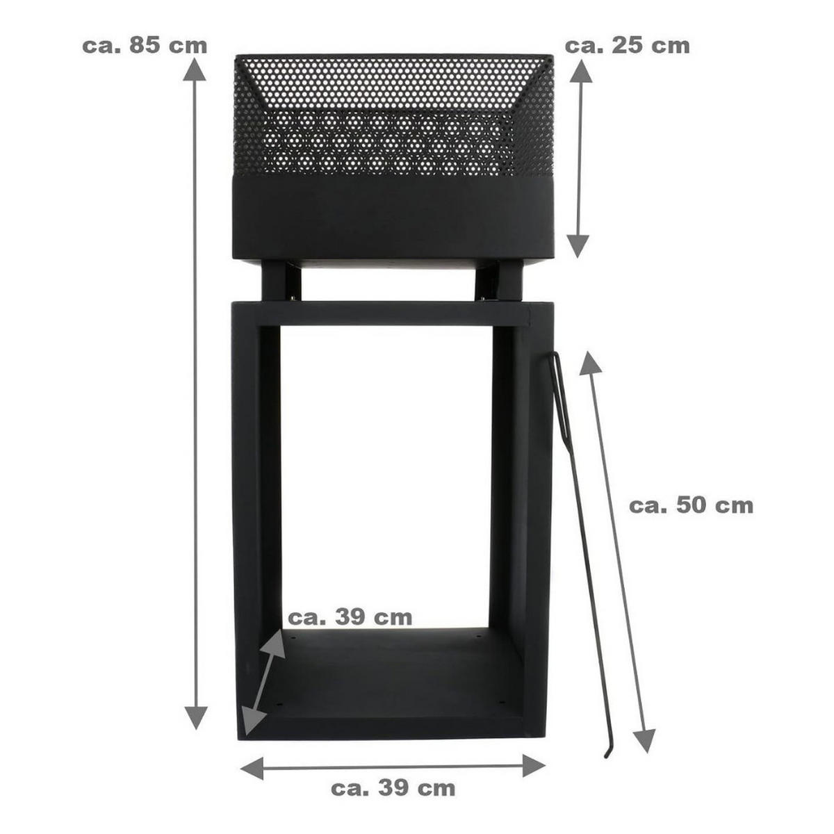 TERRASSENKAMIN Schwarz Stahl 85cm mit Holzfach und Funkenschutz, Gartenkamin, Outdoorkamin, Feuerstelle, Terrassenofen, Heizkamin, Gartenfeuer - Schwarz, Metall (39/85/39cm) - Resch