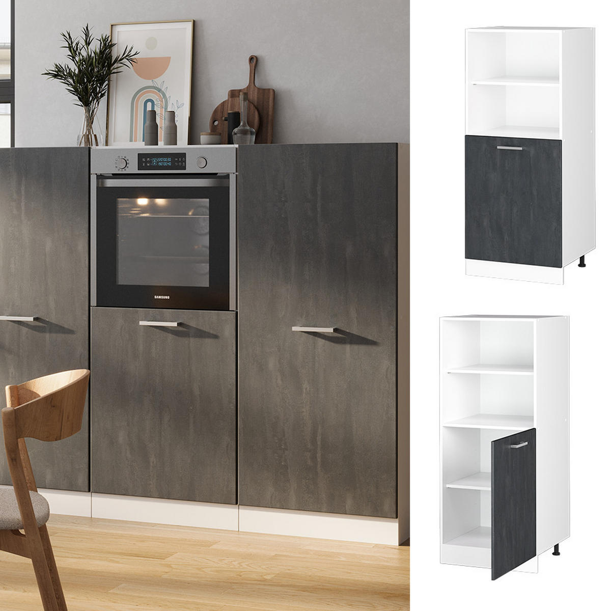 HERDUMBAUSCHRANK R-Line Schwarz Beton 60 cm - Schwarz/Weiß, Holzwerkstoff (60/143/57cm) - Vicco