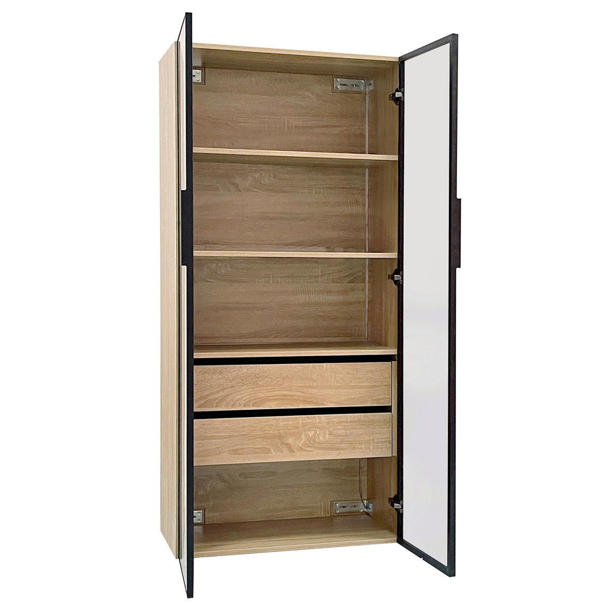 SCHRANK 2er-Set mit LED und Milchglastüren Natur - Naturfarben, Holzwerkstoff (36/155/74cm) - Beauniv