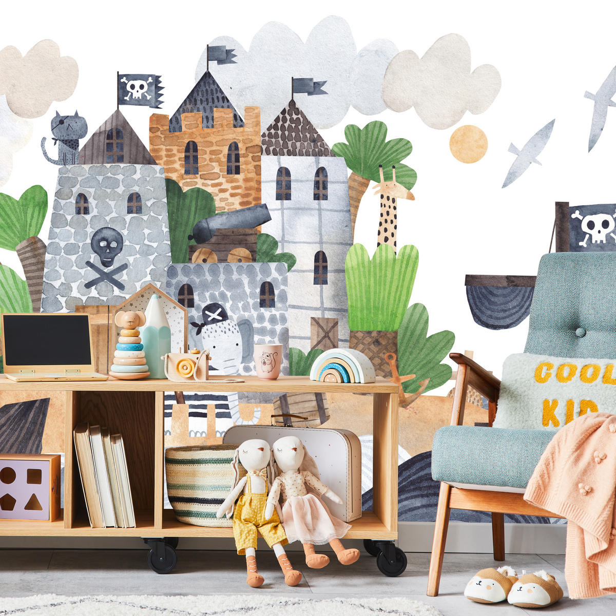 FOTOTAPETE für Kinderzimmer Märchen Piratenfestung Schiff Meereswellen 100x70 - Blau/Beige, Papier (100/70cm) - Muralo