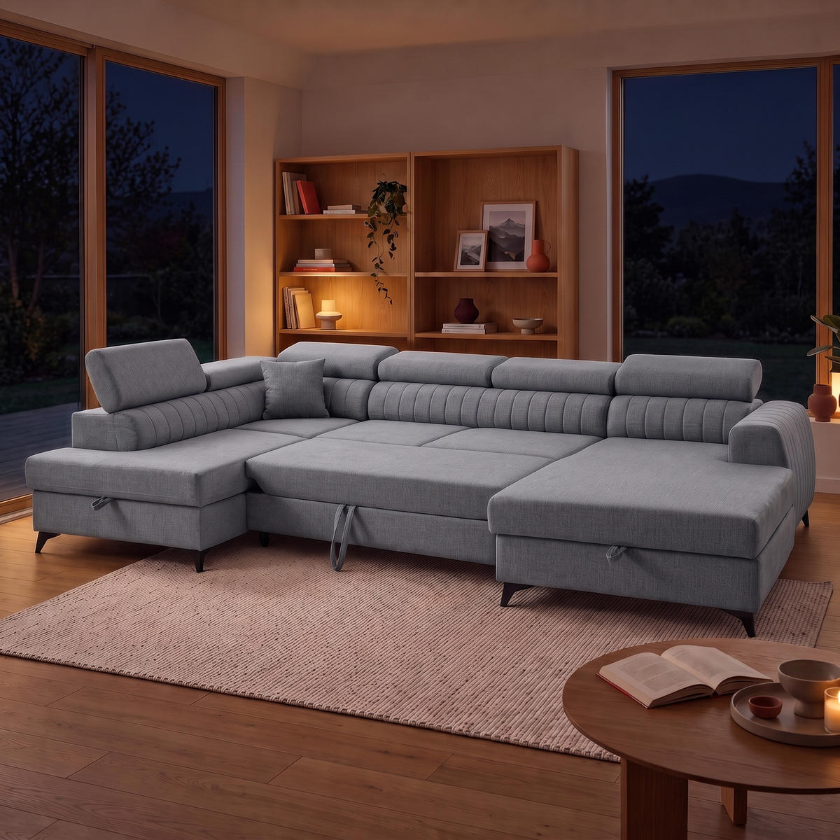 ECKSOFA U-Form PIERO U Links mit Schlaffunktion 125x260 Velours Grau - Schwarz/Grau, Holz/Textil (350/90/203cm) - Muffo