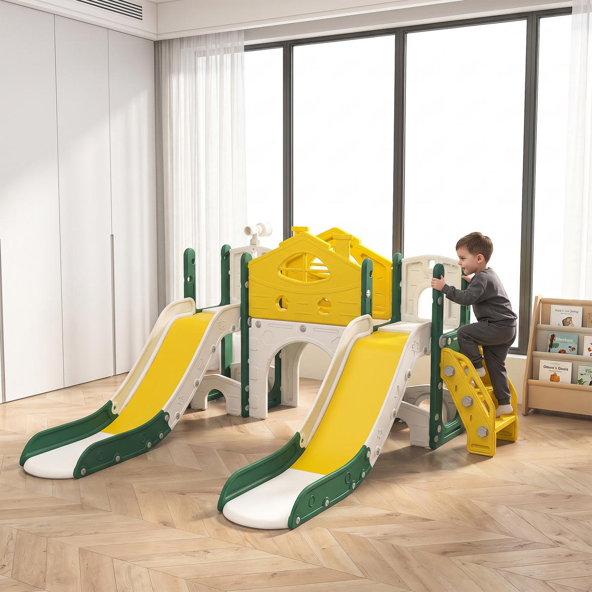 KINDERRUTSCHE 7 in 1 Indoor und Outdoor Babyrutsche mit schieber, Gelb - Gelb, Kunststoff (166/96/203cm) - GENKI LIVING