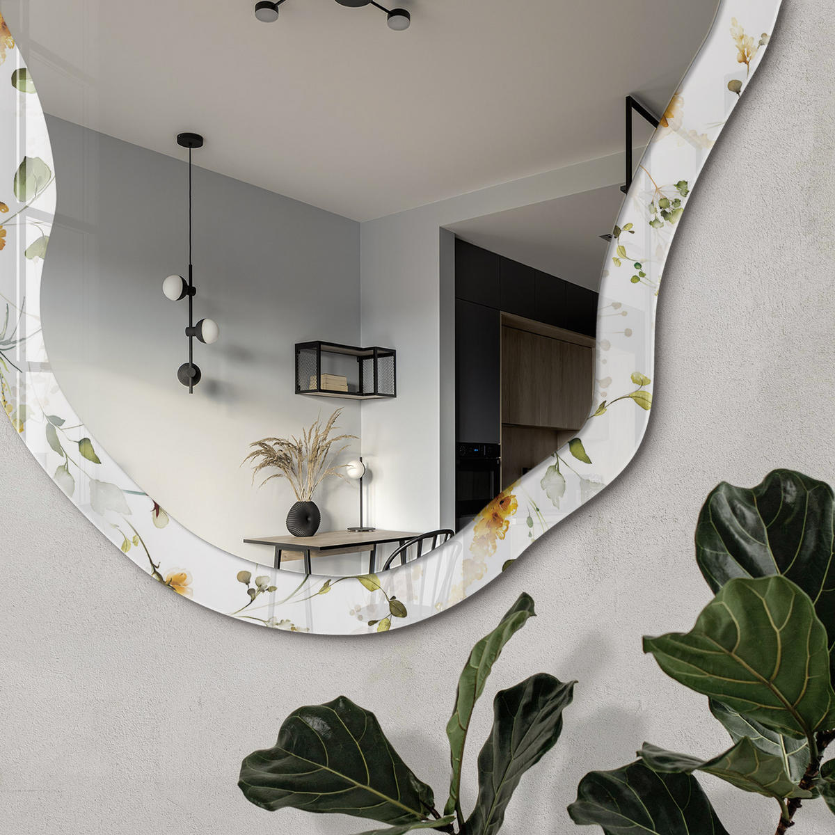 SPIEGEL 90x45 cm asymmetrisch mit Druck - Frühlingsmuster - Transparent, Glas (45/90/0.4cm) - TULUP