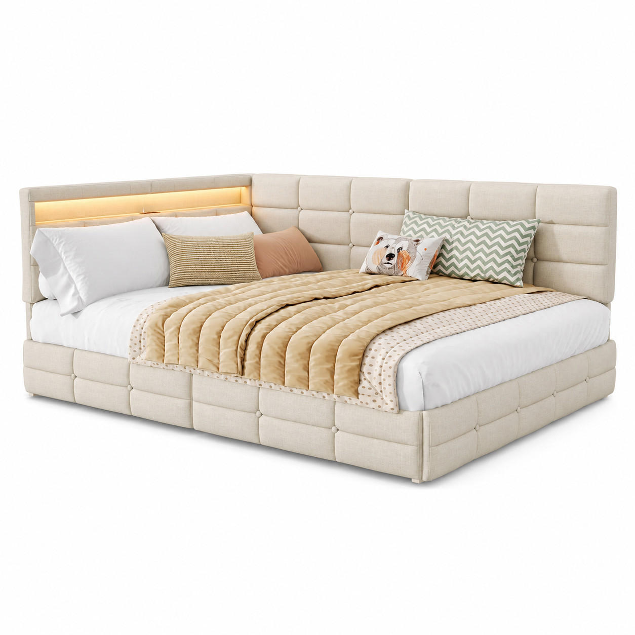 POLSTERBETT 140/200 cm, beiges Stoffbett mit LED-Kopfteil und Stauraum, modernes Einzel- und Jugendbett für Schlafzimmer - Beige, Holz/Metall (140/200cm) - Joyfair