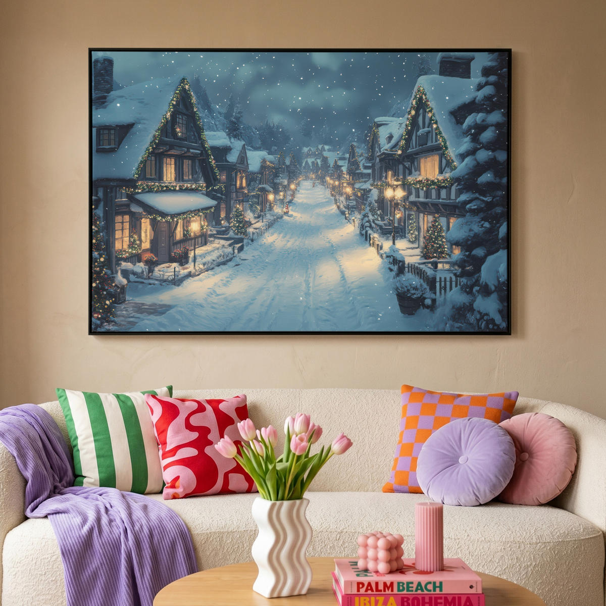 LEINWAND Bilder mit Rahmen - Weihnachtsdorf - Weihnachten - Schnee - Winter - 120x80 - Dunkelblau, Textil (120/80cm) - MuchoWow