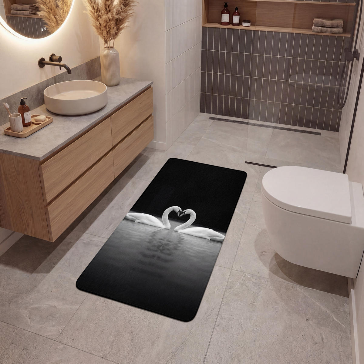 KOUPELNOVÁ PŘEDLOŽKA Labutě - srdce - černá - bílá 60x120 cm - černá, textil/plast (60/120cm)