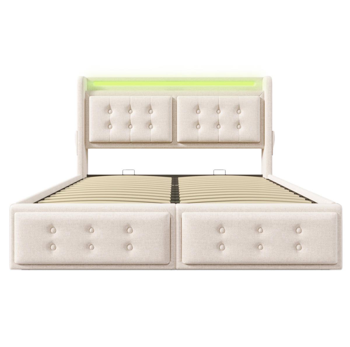 POLSTERBETT 180/200 cm mit LED-Beleuchtung, USB-C, Steckdose und Bettkasten aus Baumwoll-Leinen, Beige - Beige, Textil (180/200cm) - Redom