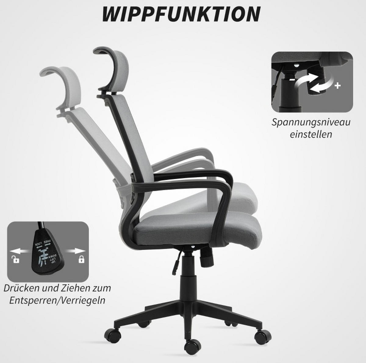 DREHSTUHL 60,5/69/109-117 cm, ergonomisch gepolstert, dunkelgrau - Dunkelgrau, Kunststoff (60.5/117/69cm) - Redom