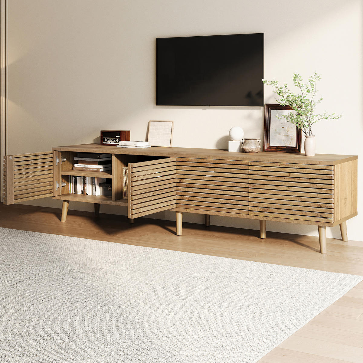 TV-SCHRANK 180/40/46 cm Natürlich mit 4 Türen und Kabeldurchführung - Naturfarben, Holzwerkstoff (180/46/40cm) - Oxeza