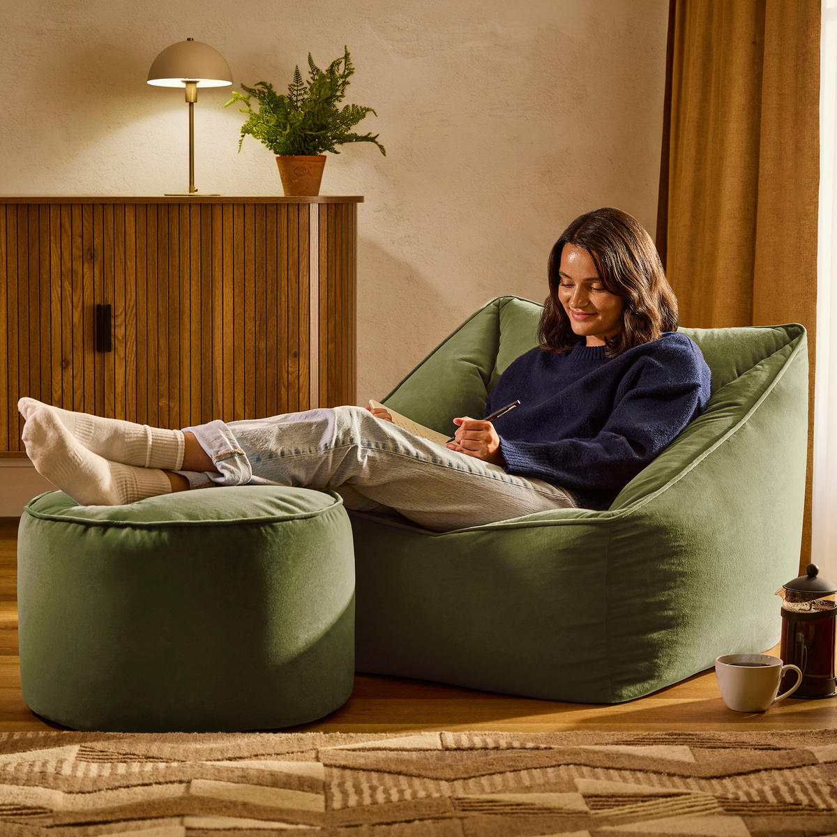 SITZSACK Natalia Samt Sessel mit Milano Fußhocker - Dunkelgrün, Textil (70/65/70cm) - icon