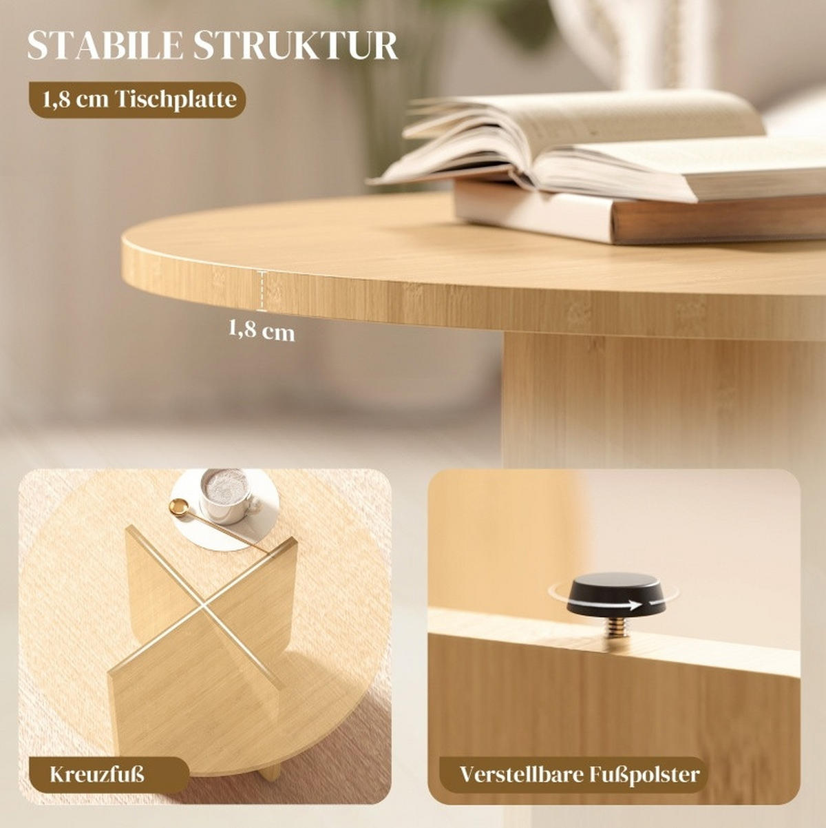 KONFERENČNÍ stolek 66/66/45 cm přírodní z bambusu s křížovou podnoží - přírodní, přírodní materiály (66/66/45cm) - OKWISH