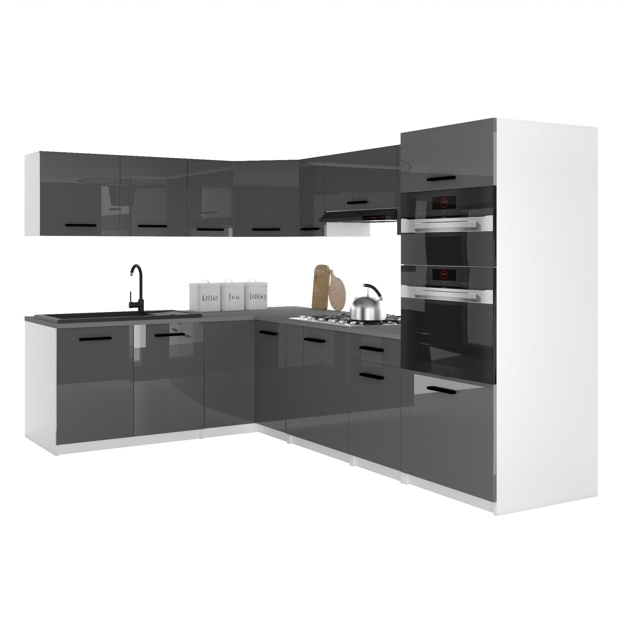 KÜCHENZEILE Italia 8 420 cm , mit Arbeitsplatten, Grau Hochglanz - Grau, Holz (420/143/60cm) - B BELINI GROUP