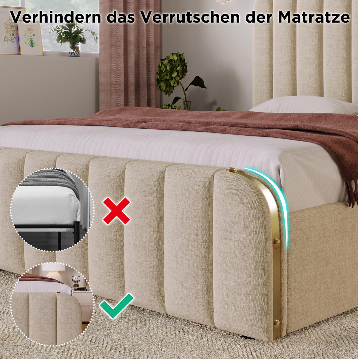 ČALOUNĚNÁ postel 90/200 cm béžová z lnu s USB-C a 4 zásuvkami - béžová, textil (90/200cm) - OKWISH