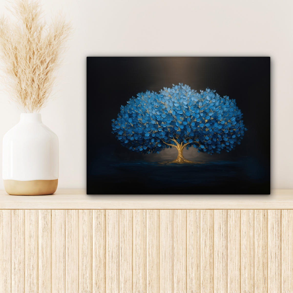 LEINWANDBILD Baum - Blau - Blätter - Pinselstriche Wandbild 40x30 cm - Blau, Textil (40/30cm) - MuchoWow