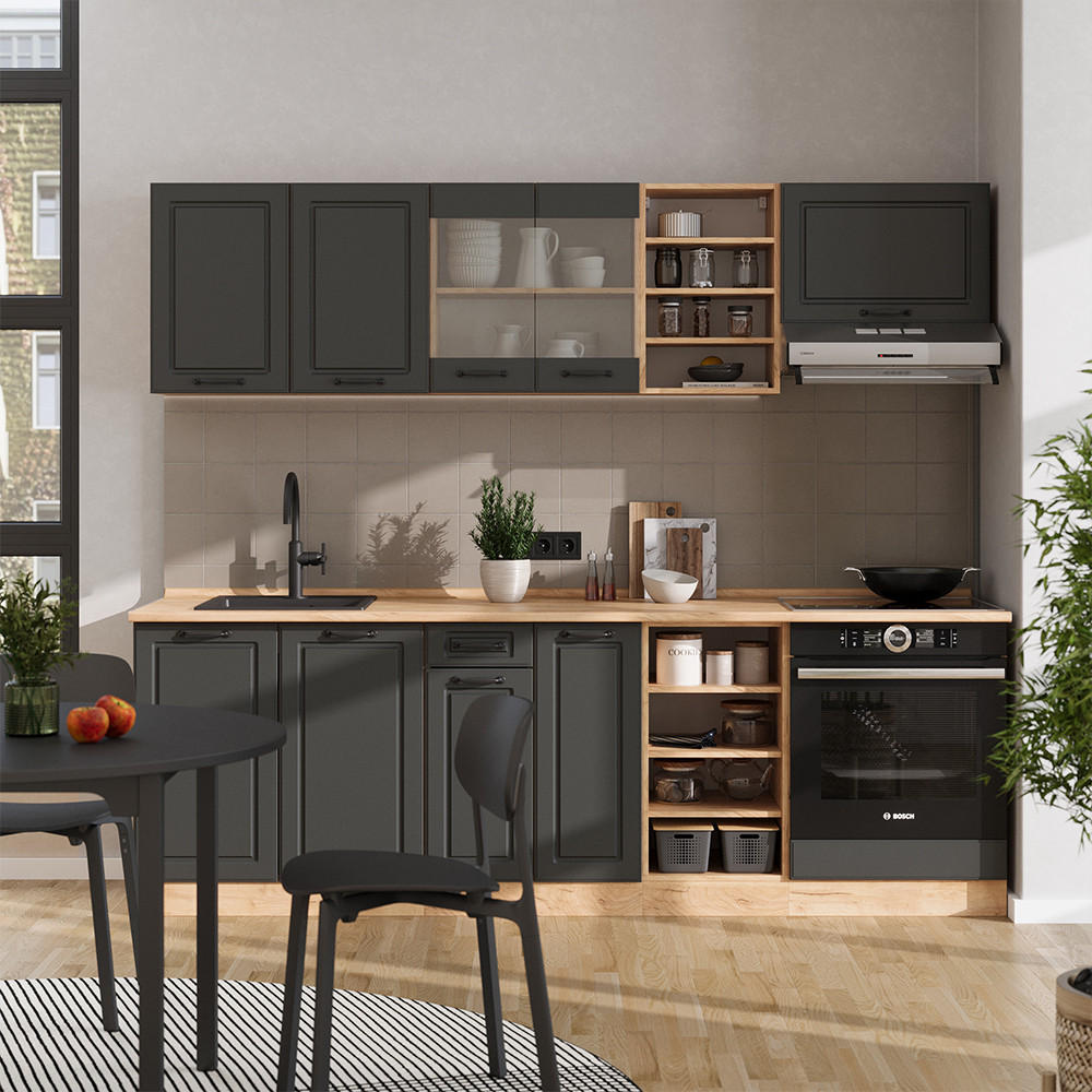 KÜCHENZEILE R-Line Anthrazit Landhaus/Goldkraft Eiche 240 cm , AP Marmor - Dunkelgrau/Anthrazit, Holzwerkstoff (240/81.6/60cm) - Vicco
