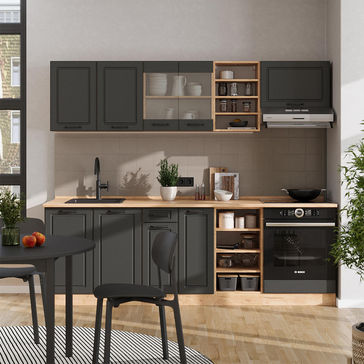 KÜCHENZEILE R-Line Anthrazit Landhaus/Goldkraft Eiche 240 cm , AP Marmor - Dunkelgrau/Anthrazit, Holzwerkstoff (240/81.6/60cm) - Vicco