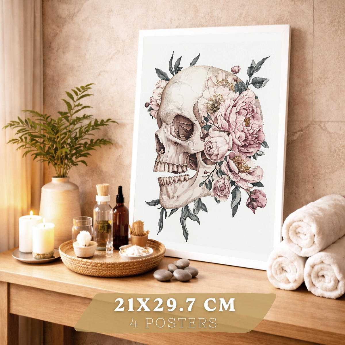 POSTER Set aus 4 Anatomie Mensch Florale Drucke und mit Schädel Herz Lungen und Skelett Botanische Aquarell dekoration Größe Weißer Rahmen A4 - Weiß, Papier (21/29.7/3cm) - Nacnic