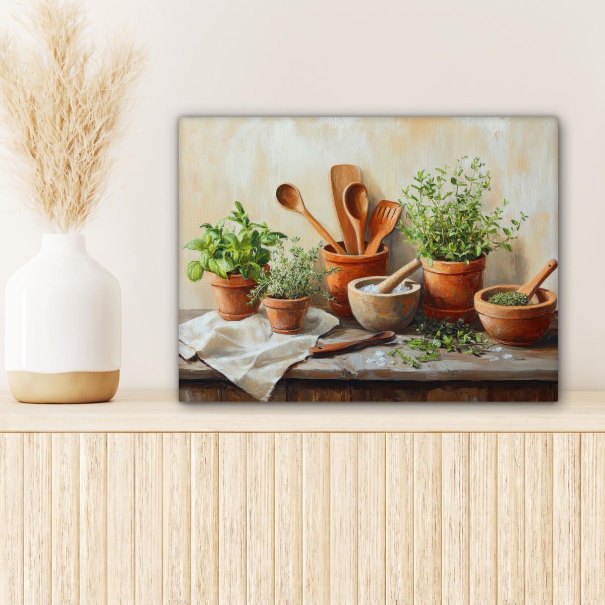 LEINWANDBILD Töpfe - Kräuter - Holz 40x30 cm - Terracotta, Textil (40/30cm) - MuchoWow