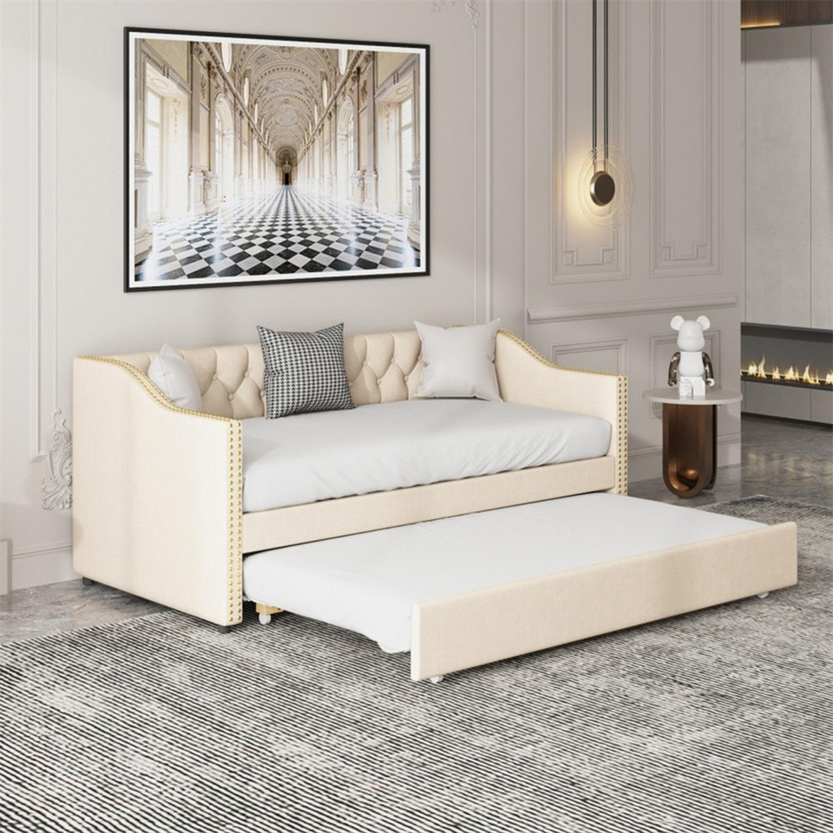 POLSTERBETT 90x200 cm mit Rückenlehne - mit Ausziehbett und Armlehnen - ohne Matratze - Beige - Beige, Textil (90/200cm) - DELFA