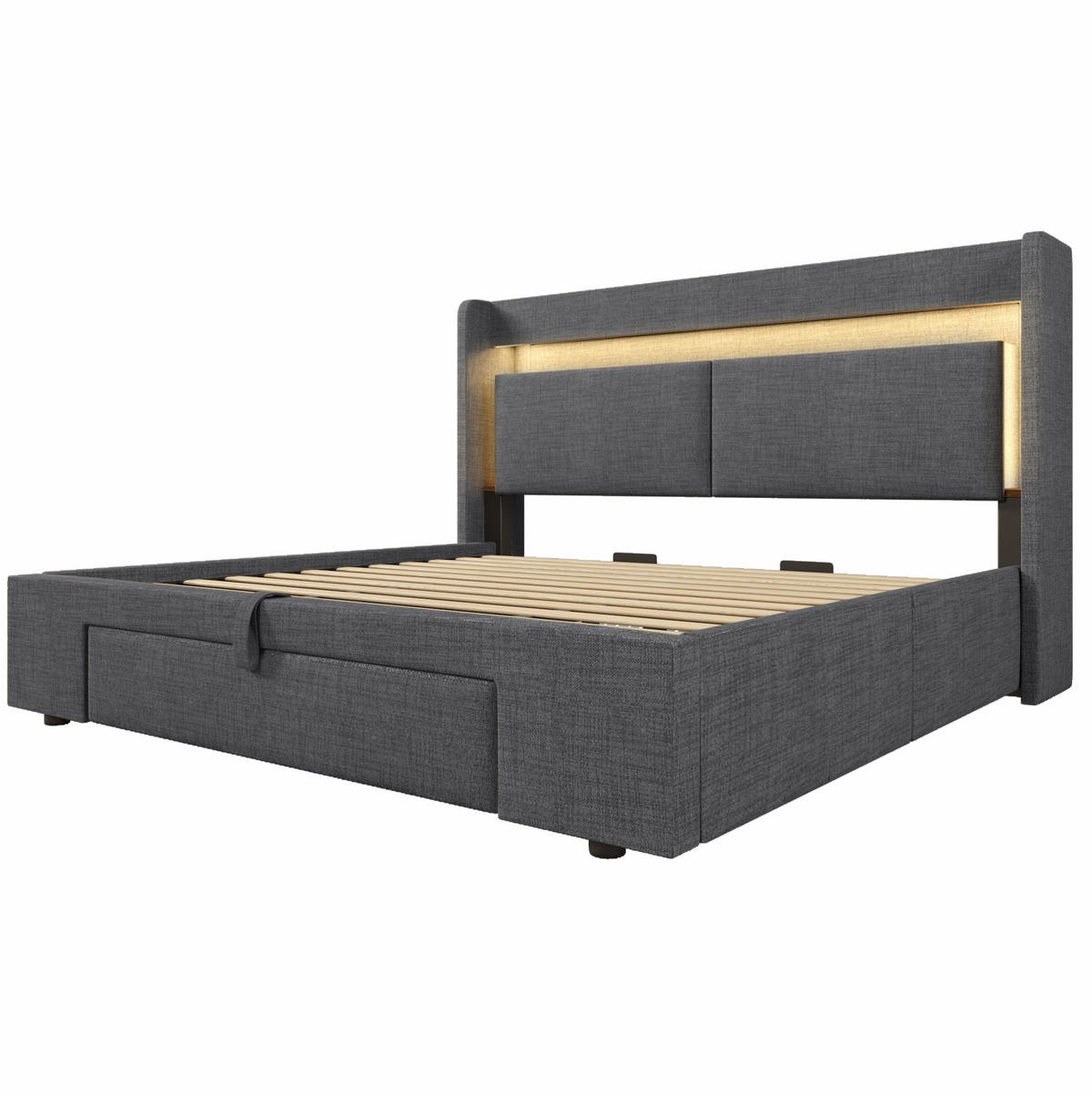 POLSTERBETT aus Leinen 180x200 cm Grau mit Bettkasten, LED-Beleuchtung, USB- und USB-C-Anschluss - Grau, Textil (180/200cm) - IVMEU
