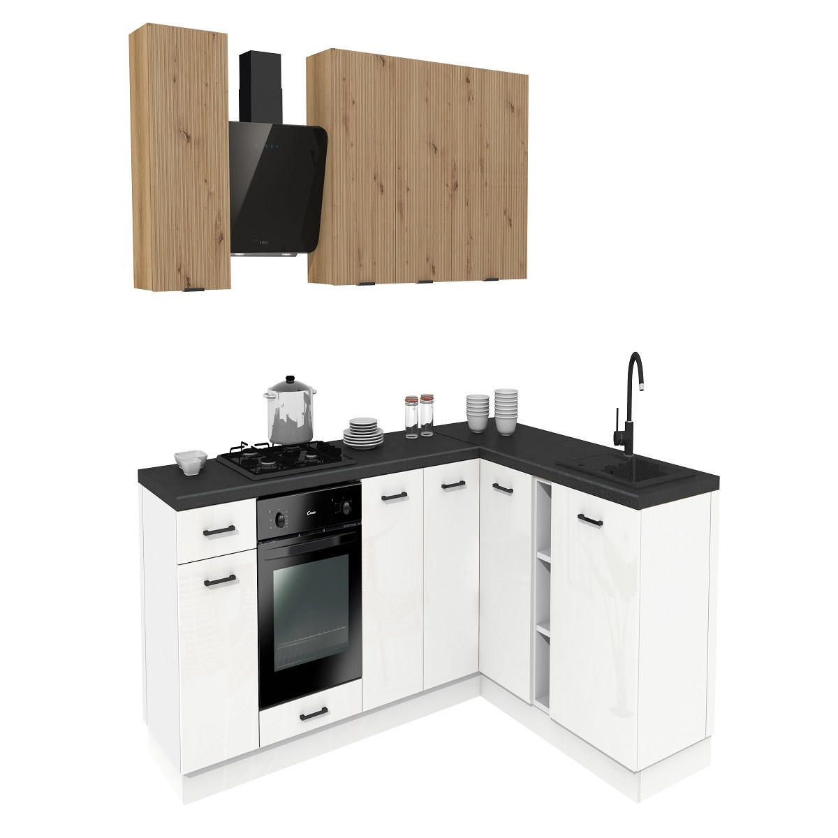 WINKELKÜCHE 240x180 cm mit Arbeitsplatte - SIMPLY Z15 - in Eiche Rille / Weiß Hochglanz - Weiß Hochglanz/Eichefarben, Holz (420/212/53cm)