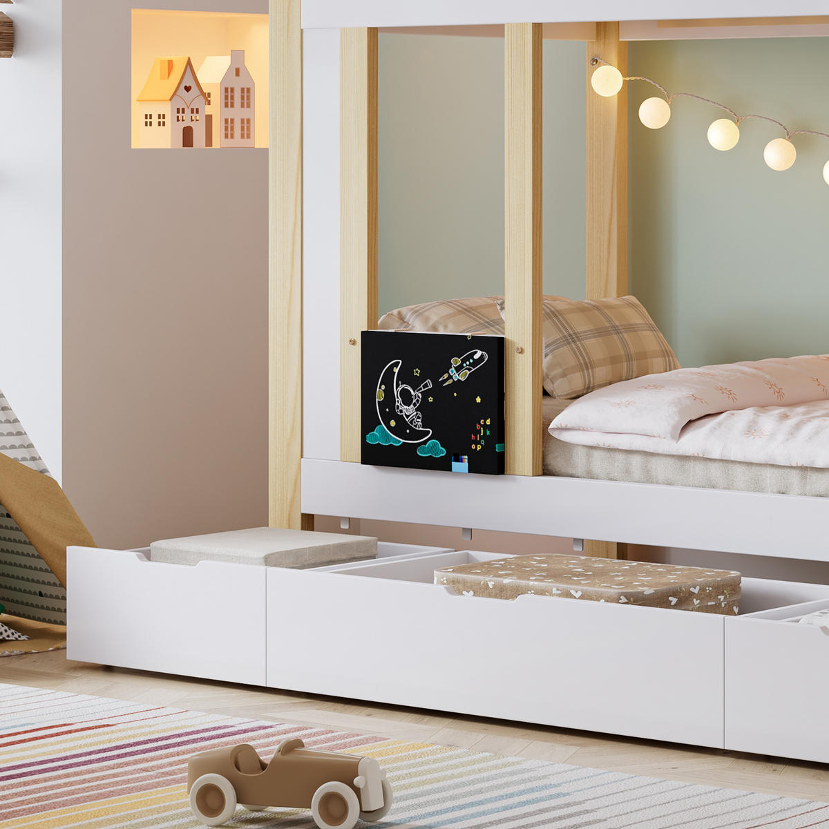 ETAGENBETT 90/200 cm in Weiß & Natur Kinderbett mit Treppenschrank, 3 Schubladen und Tafel - Weiß/Naturfarben, Holzwerkstoff (90/200cm) - STILVORA