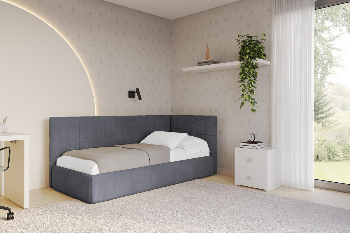 EINZELLBETT Jugendbett mit Bettkasten, Links - TULY 90x200 Dunkelgrau - Dunkelgrau, Holzwerkstoff/Textil (90/200cm) - ALTDECOR