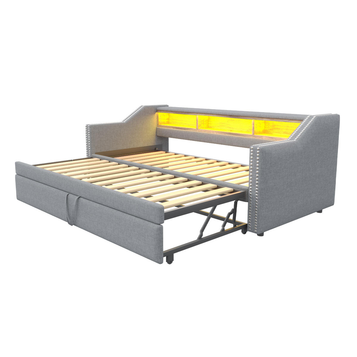 TAPECIRANI krevet od lana 90/180x190 cm svijetlosiva s izvlačnim ležajem, LED rasvjetom, USB priključkom i policama - svijetlo siva, tekstil (140/190cm) - Modfu
