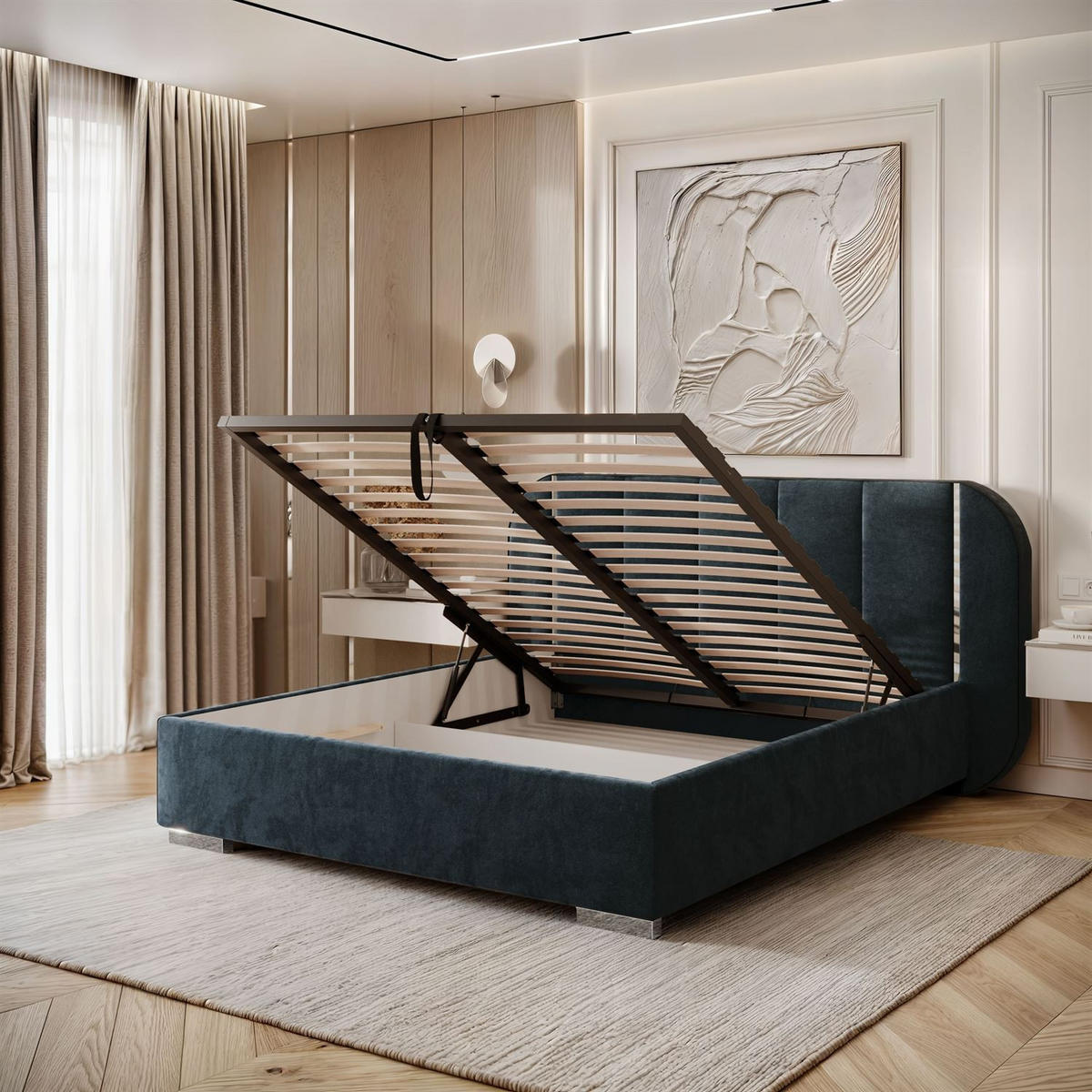 BETT AMARA SILVER 180x200 gepolstert mit Stauraum und Lattenrost, Royal Velvet 233 - Blau, Textil - Lookway