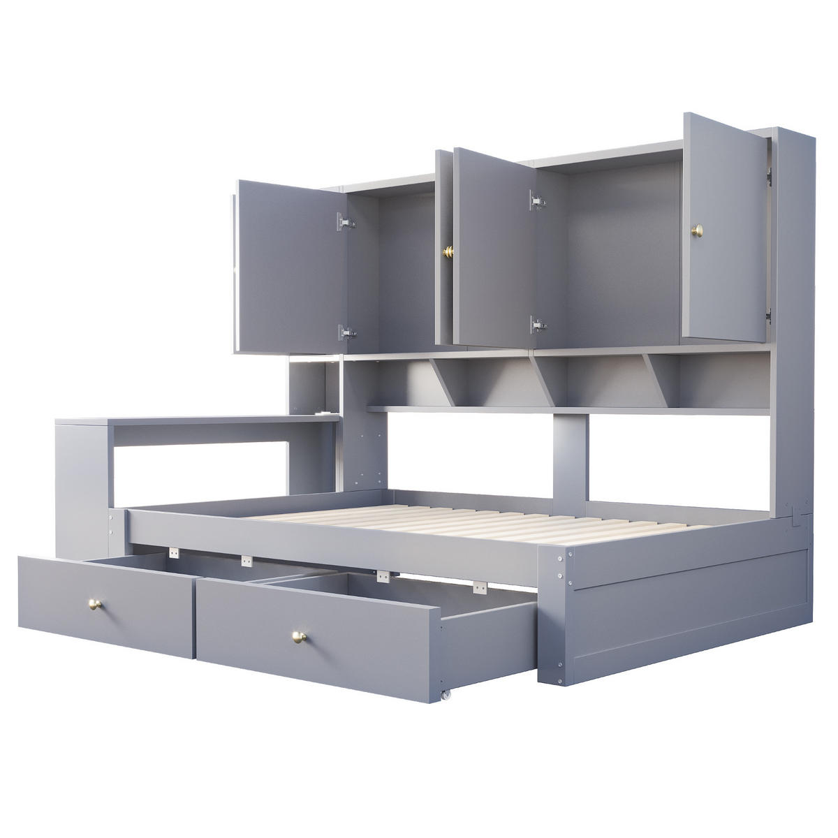 STAURAUMBETT 90/200 cm mit Schreibtisch, LED und Schubladen, DE-41644, in Grau - Grau, Holzwerkstoff (90/200cm) - ComfortXL