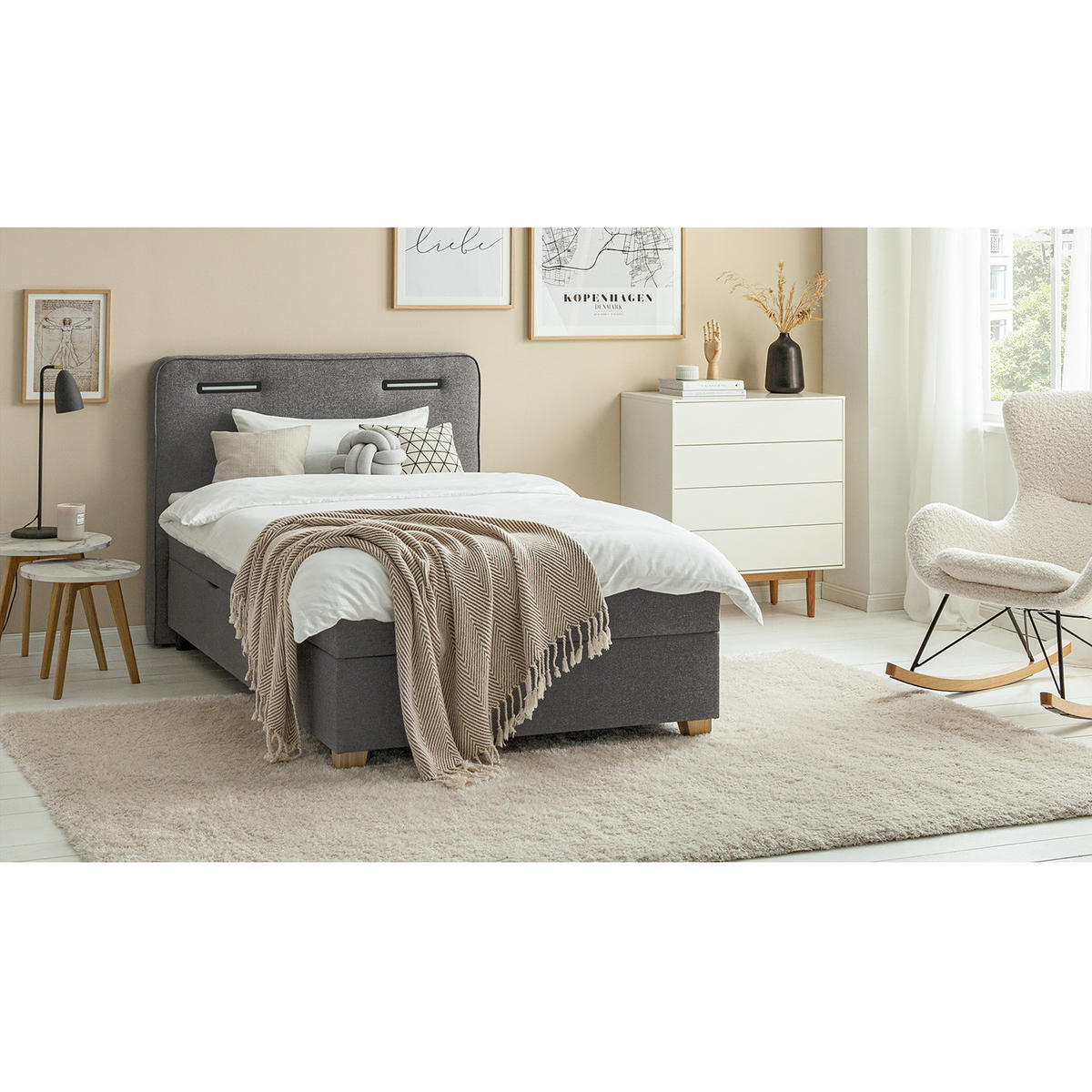 BOXBETT mit Stauraum - inkl. Beleuchtung - Dunkelblau, Holz/Textil (100/200cm) - home24