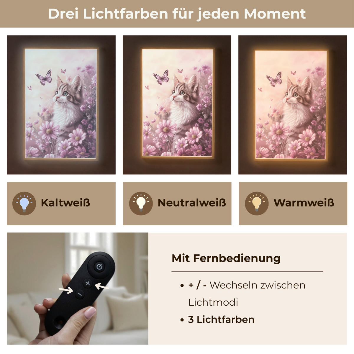 NACHTTISCHLAMPE MIT AKKU Kätzchen - Blumen - Schmetterlinge - Lila 70x100 cm - Altrosa, Holzwerkstoff (8/70/100cm) - OnlyWow