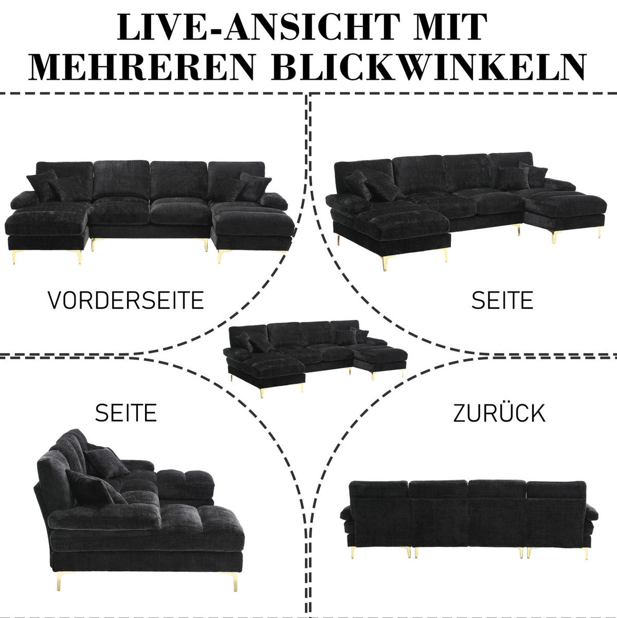 SEDACIA zostava z chenillu, 272/136/88 cm čierna, v tvare U s 2 leňoškami - čierna, textil (136/88/272cm) - BEAOK