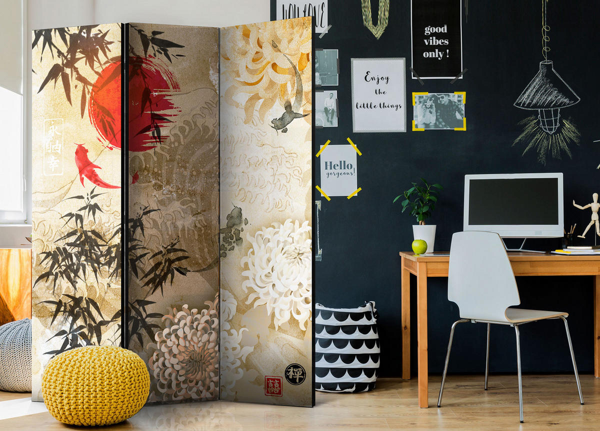 PARAVENT Beidseitig Bedruckter 3-tlg 135x172 cm Koi-Fische Im Japanischen - Multicolor, Holz/Textil (135/172/3cm) - Muralo