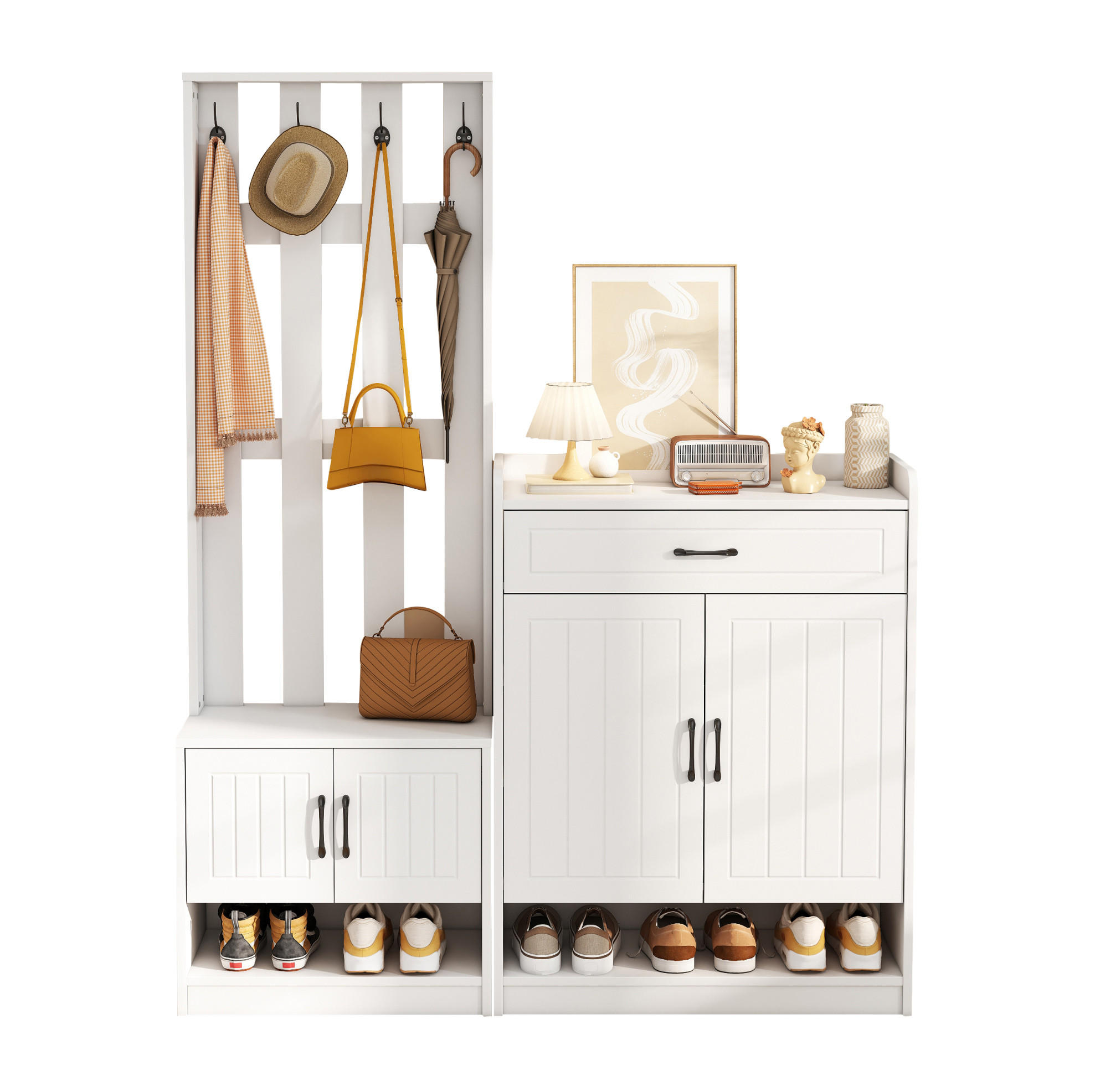 GARDEROBENSET 140/32/180 cm aus Spanplatte mit Schuhschrank, Bank und 4 Haken, Weiß - Weiß, Holzwerkstoff (140.6/180/30.5cm) - Redom