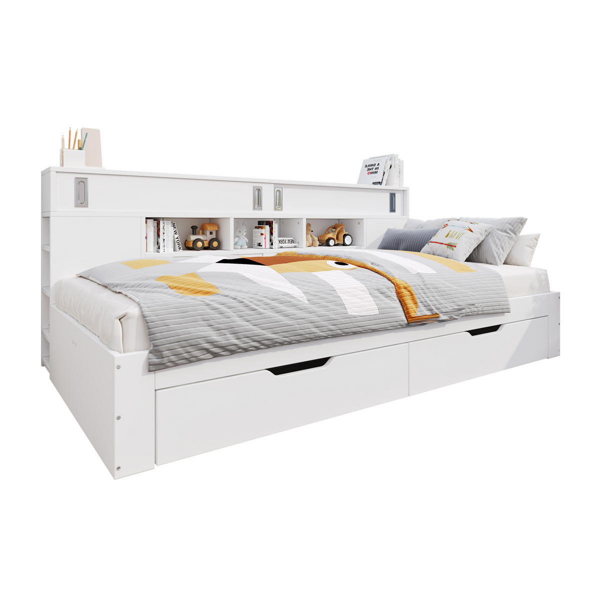 KINDERBETT 90/200 cm mit 2 Schubladen, Schiebetürschrank und verstellbaren Regalen, MDF, Weiß - Weiß, Holzwerkstoff (90/200cm) - Redom