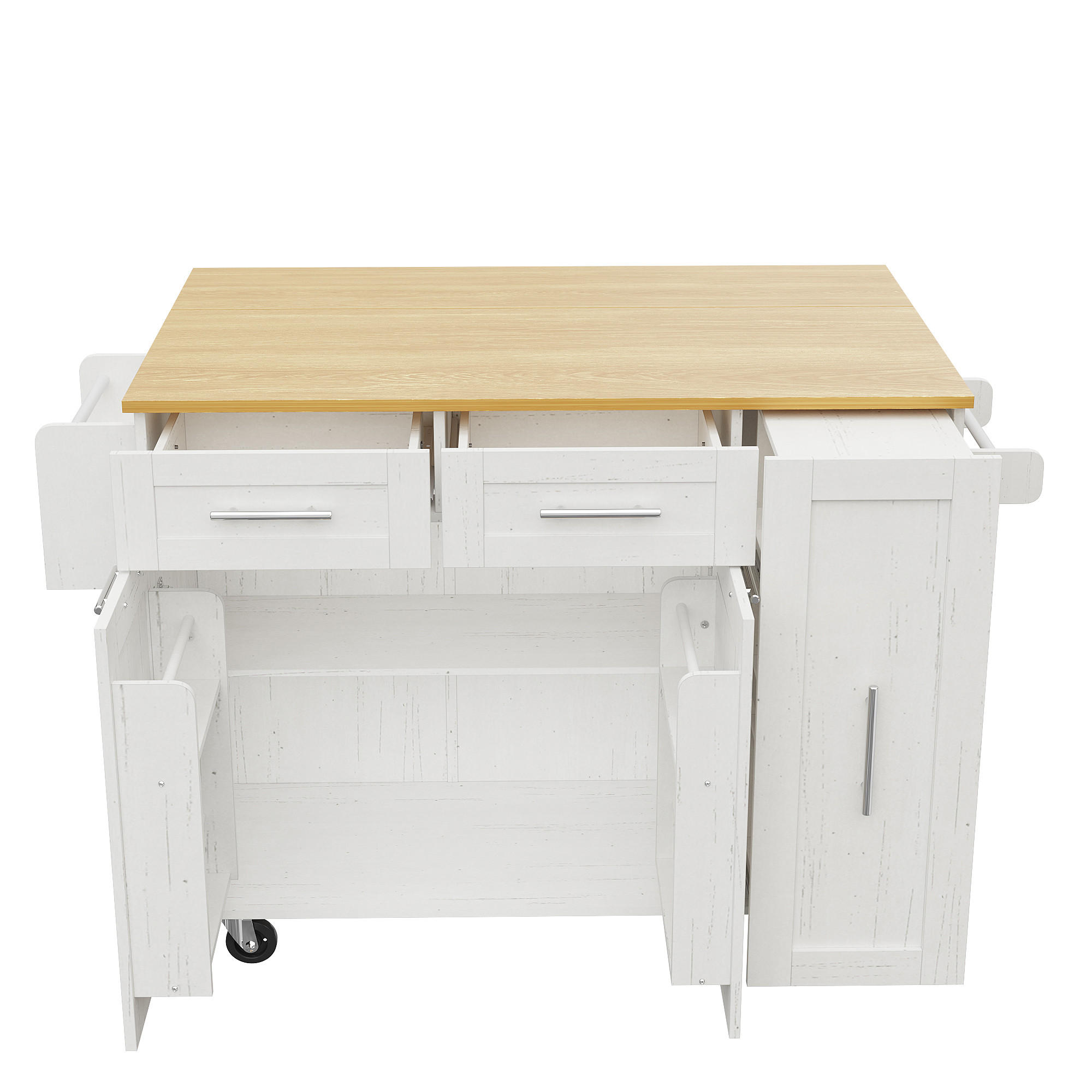 KÜCHENINSEL 134.5/46/90.5 cm Weiß mit Speicherraum, Snackregalen und Stretchfunktionsschränken - Weiß, Holz (46/90.5/134.5cm) - Oxeza
