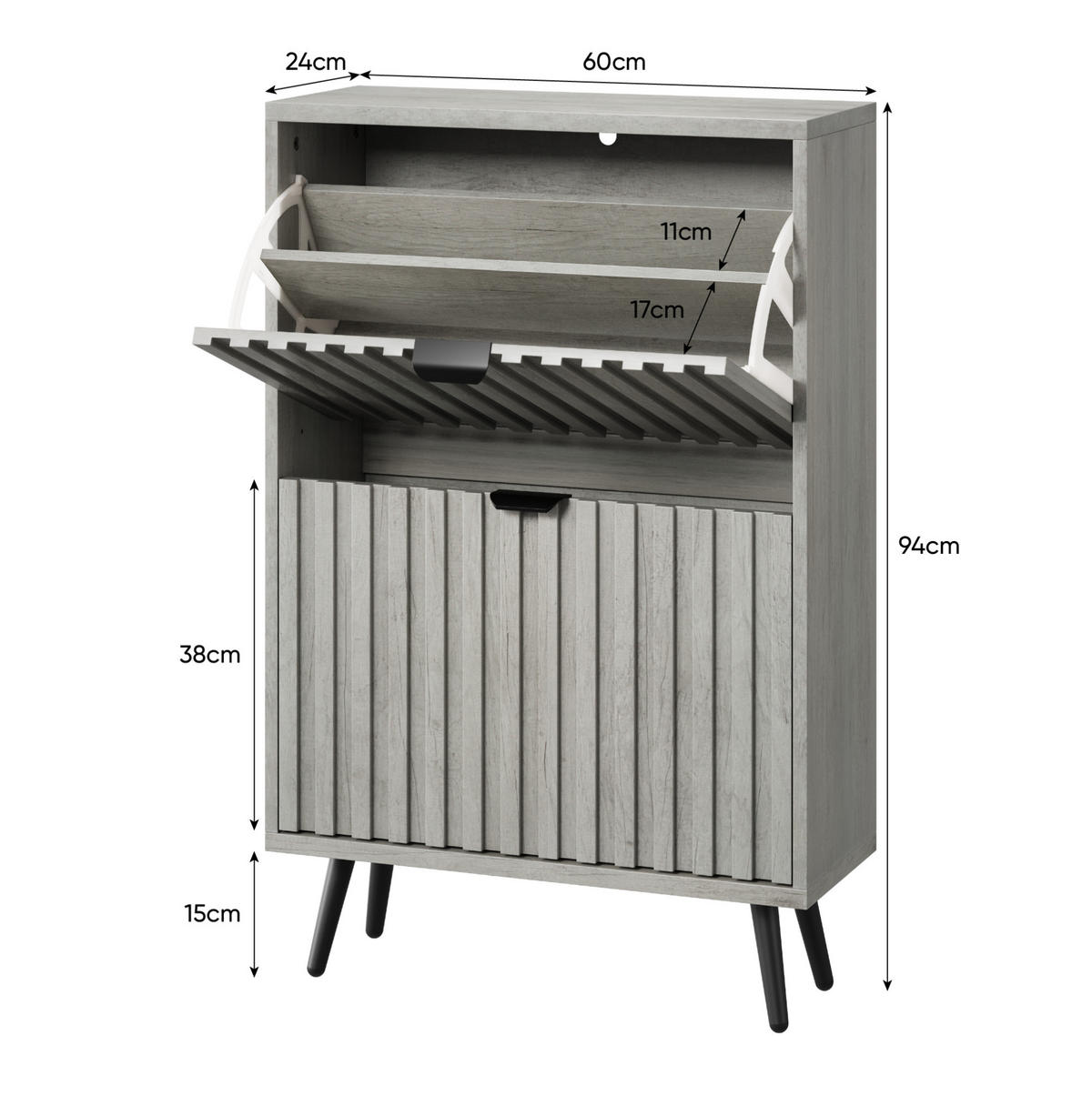 SCHUHSCHRANK 60 cm in Grau mit 2 Klappen und Rillendesign - Grau, Holzwerkstoff (60/94/24cm) - Flora Grace