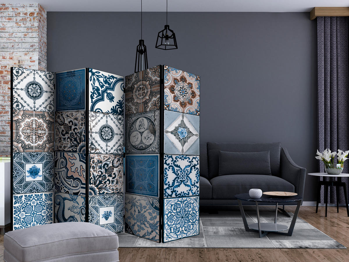 PARAVENT Beidseitig Bedruckter 5-tlg 225x172 cm Mosaik Fliesen - Blau, Holz/Textil (225/172/3cm) - Muralo