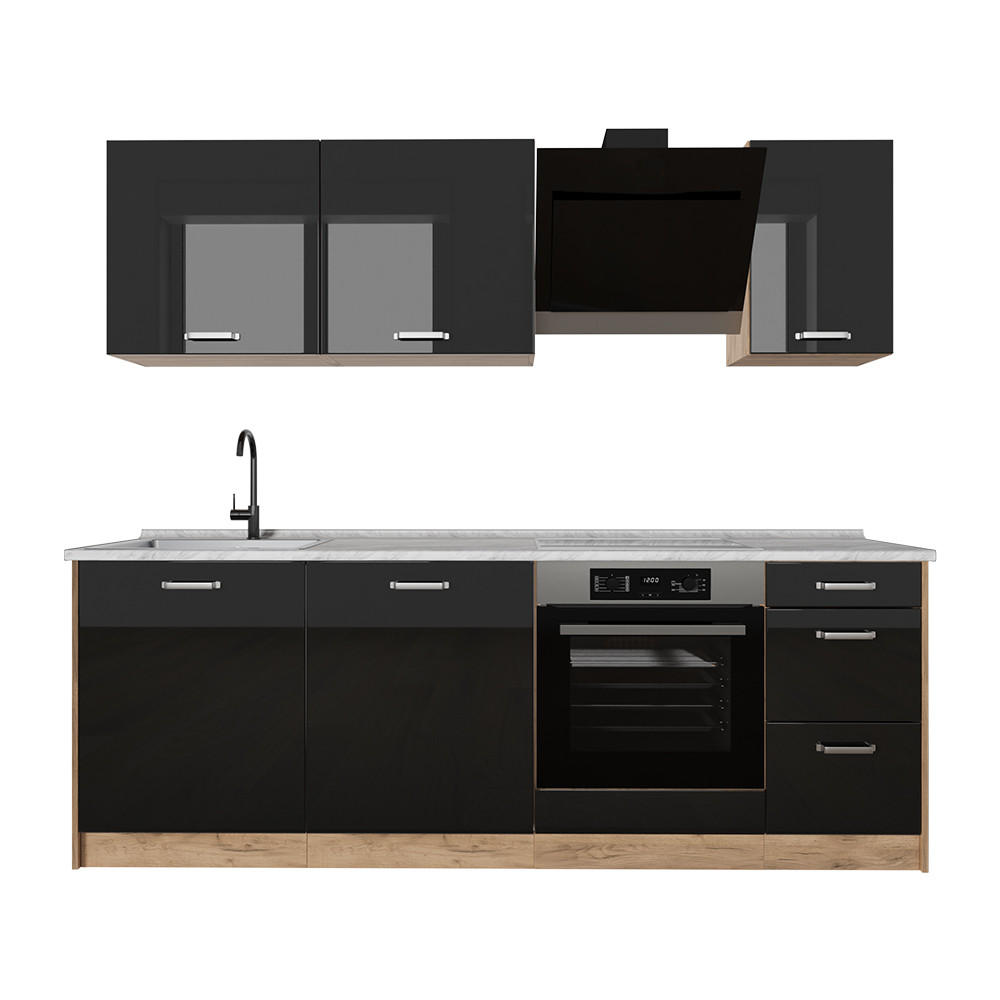 Vicco Küchenzeile Schwarz Hochglanz, Honigeiche 220x81.6x60 cm