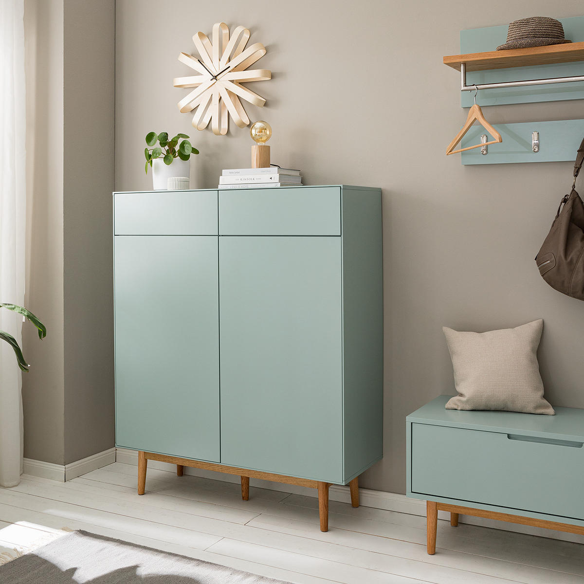 SCHUHKOMMODE mit 2 Schubladen - Eichefarben/Mintgrün, Holzwerkstoff (110/132/38cm) - home24