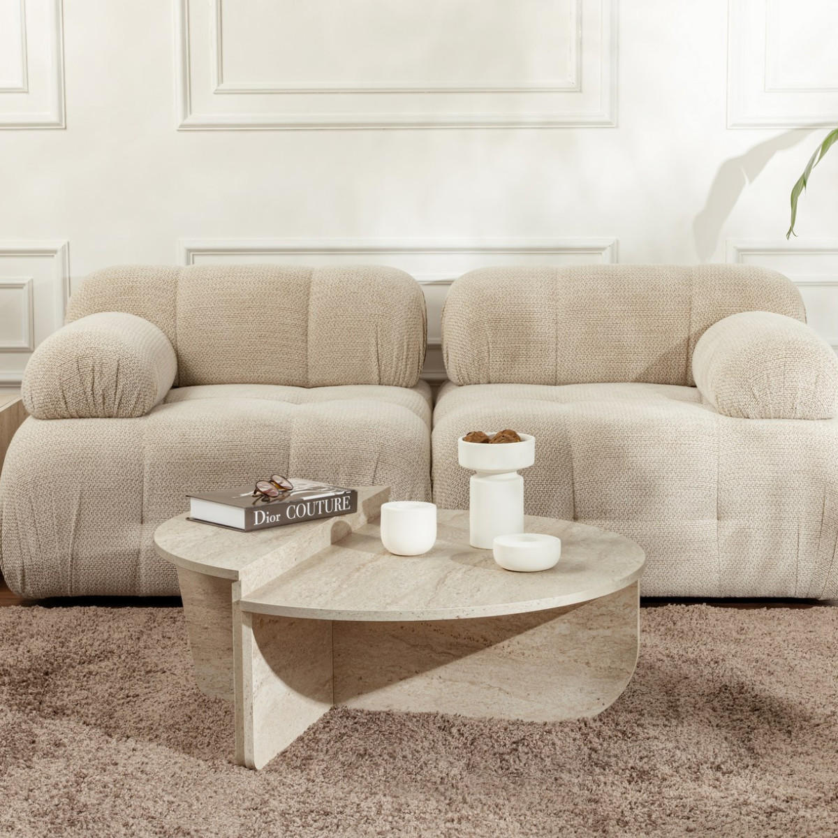 COUCHTISCH 2-teilig - Travertin-Optik - Beige- ALOEVA - Beige, Holz (90/60/30cm) - Vente-Unique