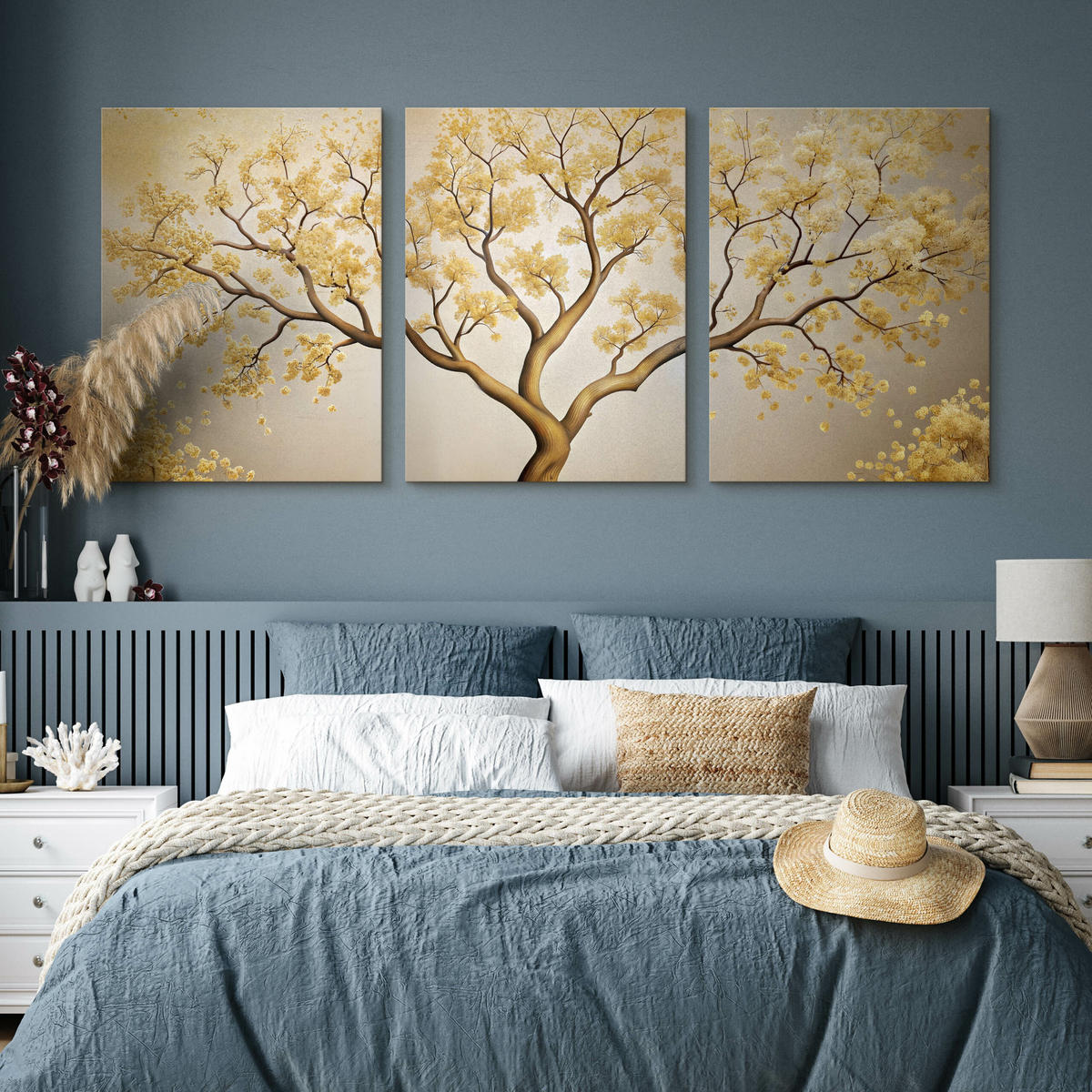 LEINWANDBILDER 3-es Set Baum Blumen - Beige/Weiß, Textil (90/40cm) - Muralo
