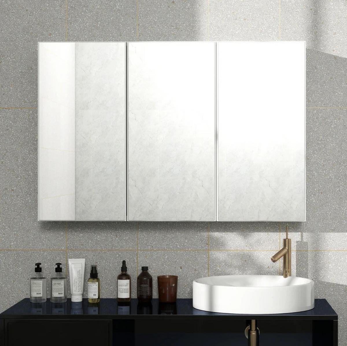 BADEZIMMER Hängeschrank 90x15.5x60 cm Weiß mit 3 Spiegeltüren & 5 Regalen - Weiß, Glas (90/60/15.5cm) - Modfu