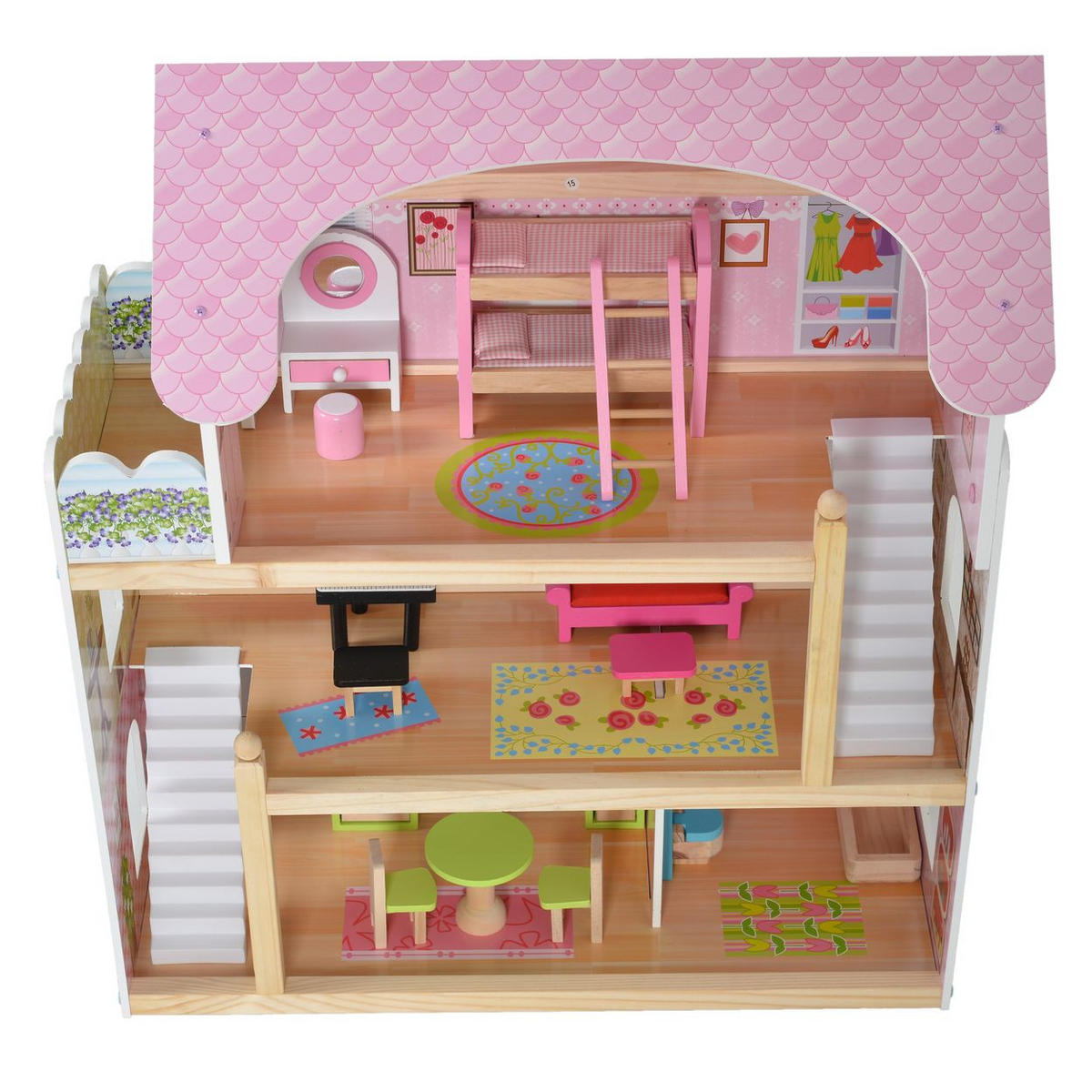 PUPPENHAUS Mila 4110 bunt Holz, 16-teiliges Möbelset, 3 Etagen, verschiedene Räume, Rollenspiel - Multicolor, Holz (62/70/31cm) - Moni