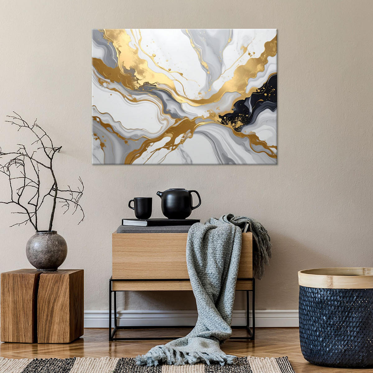 LEINWANDBILDER, Abstrakt Marmor grau gold - Weiß, Textil (45/30cm) - Feeby