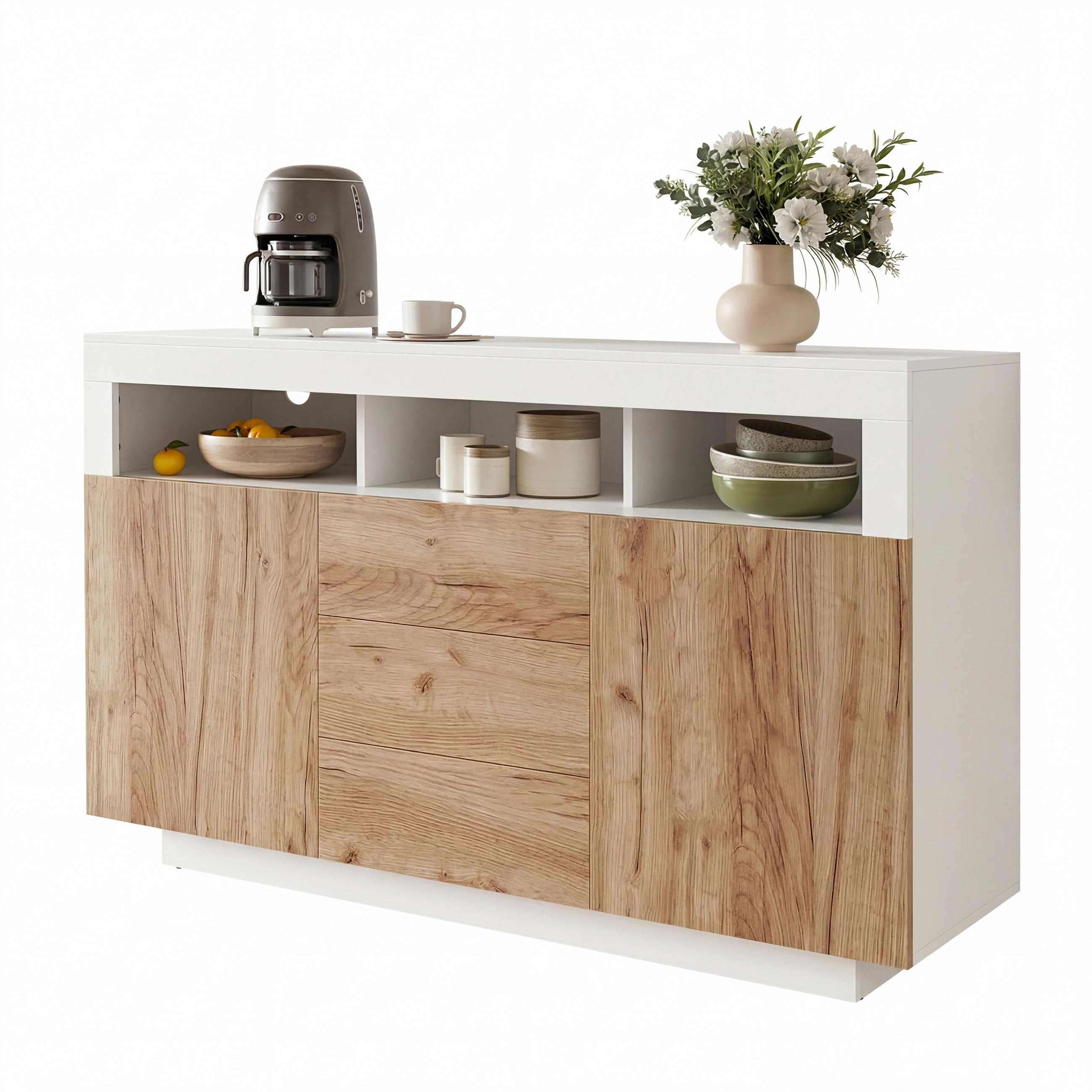 SIDEBOARD 140x40x85 cm mit 2 Türen und 3 Schubladen, Natur/Weiß - Weiß, Holzwerkstoff (140/85/40cm)