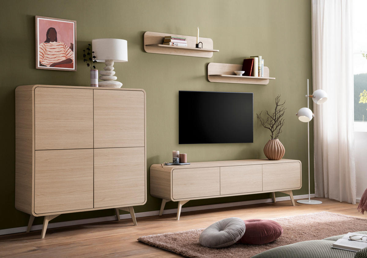 WOHNWAND Eiche natur 4-teilig 308 cm, Wohnkombination mit Push-to-Open - Eichefarben, Holz/Holzwerkstoff (308/170/39cm) - Furn.Design